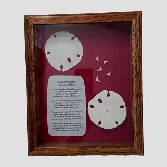 VNT Legend Of The Sand Dollar Maplewood Frame RED Shadowbox Decor Art Coastal - Picture 3 of 16